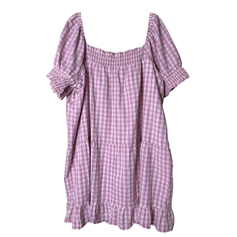 American Eagle Pink Gingham Smocked Mini Dress XXL Cotton Linen Puff Sleeve - Picture 7 of 7